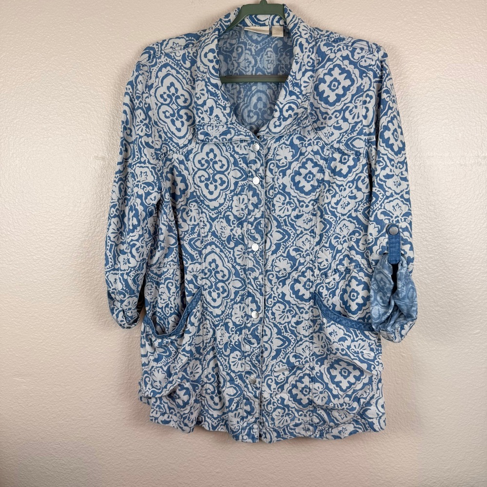 Chico's Utility Jacket Travel L Blue Damask Lyocell Roll Tab Coastal Grandma